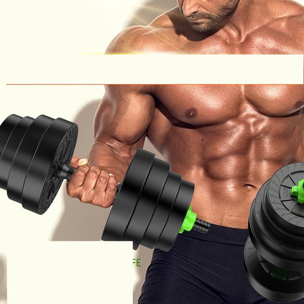 Man lifting detachable fitness dumbbell with black weights and green accents, showcasing strength and workout equipment.