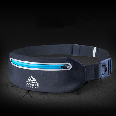 Multifunctional outdoor sports running waist bag in black with blue zipper, designed for phone storage during activities.