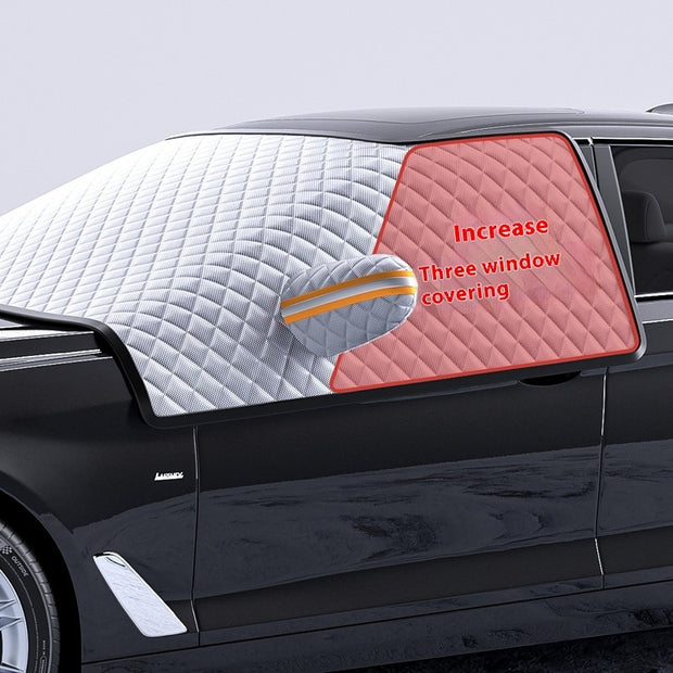 Car dustproof sunshade cover showing increased three window coverage with quilted design.