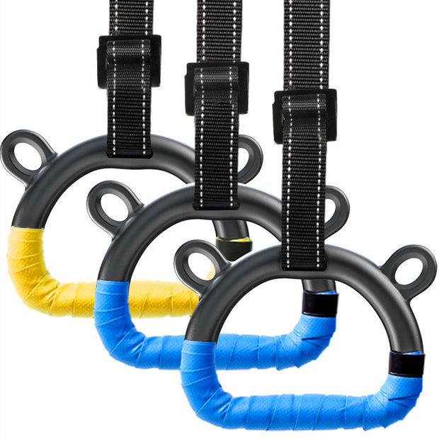 Three colorful children's home fitness rings in blue and yellow, ideal for versatile home workouts.