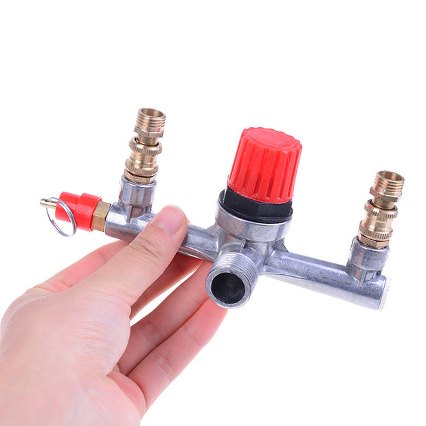 Durable regulator valve with red knob for small air compressors, ensuring stable airflow and accurate pressure control.