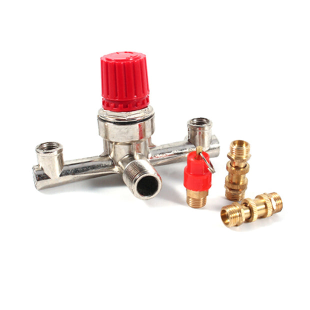 Durable regulator valve PSI for small air compressors with red adjustment knob and brass fittings for pressure control.