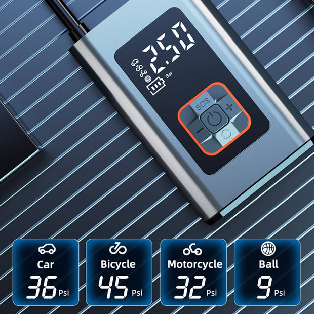 Digital tire inflator displaying PSI values for car, bicycle, motorcycle, and ball on a sleek surface.