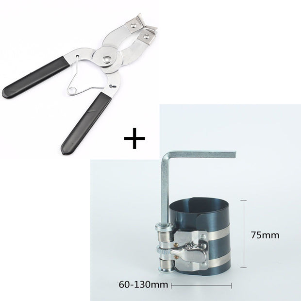 Piston ring compressor tool set featuring adjustable clamp and wrench for secure engine assembly and DIY repairs.