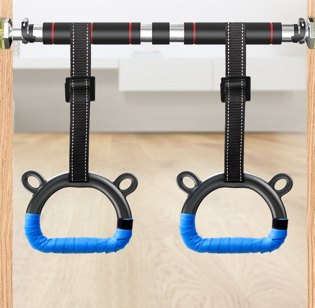 Children's home fitness rings with adjustable straps and blue grips for enhancing kids' workouts.