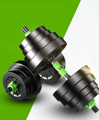 Detachable fitness equipment dumbbells in black and green, ideal for home workouts, showcasing adjustable weights.