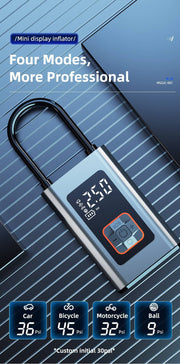 Digital tire inflator with LED display showing modes for car, bicycle, motorcycle, and ball inflation.