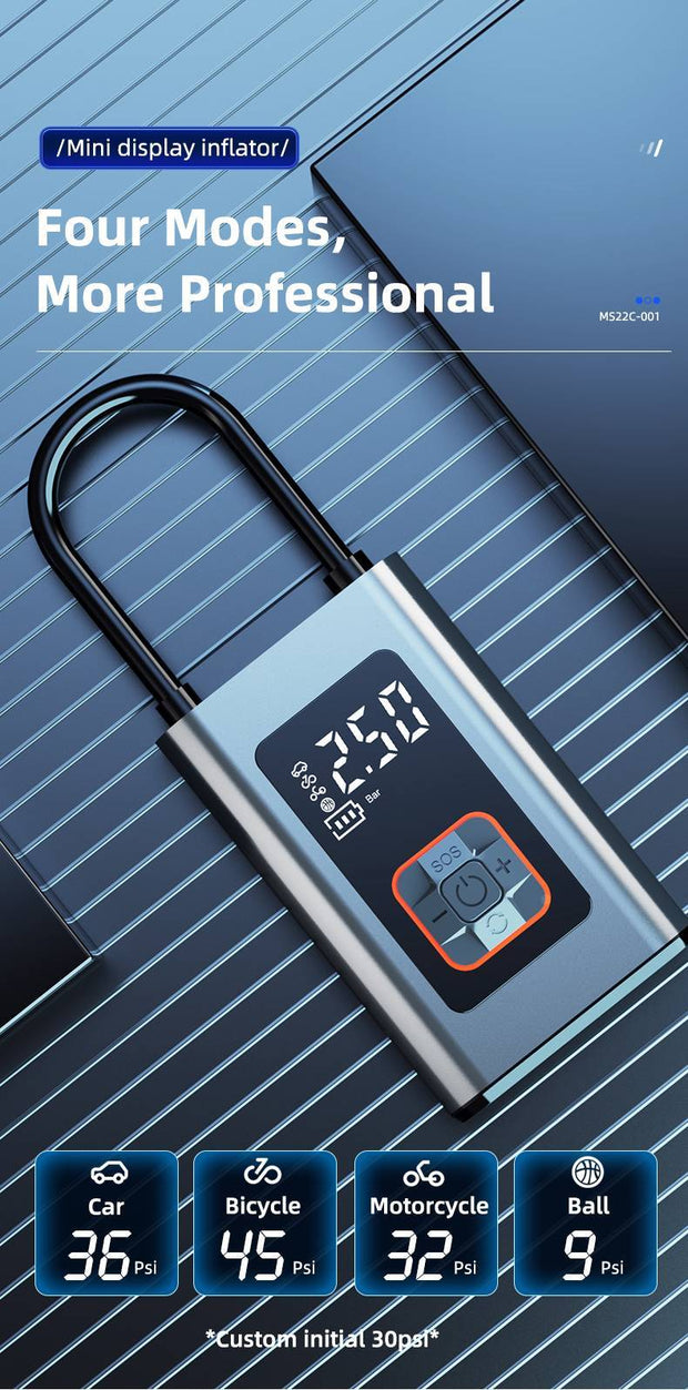 Digital tire inflator with LED display showing modes for car, bicycle, motorcycle, and ball inflation.
