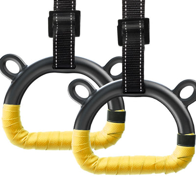 Children's home fitness rings with black straps and yellow handles, ideal for kids' workouts and exercises.