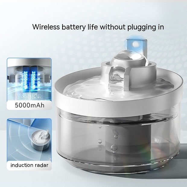 Wireless cat water fountain with 5000mAh battery and induction radar for convenient hydration.