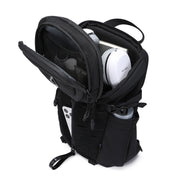 Men's sports waterproof crossbody bag in black, showcasing storage for headphones and water bottle.