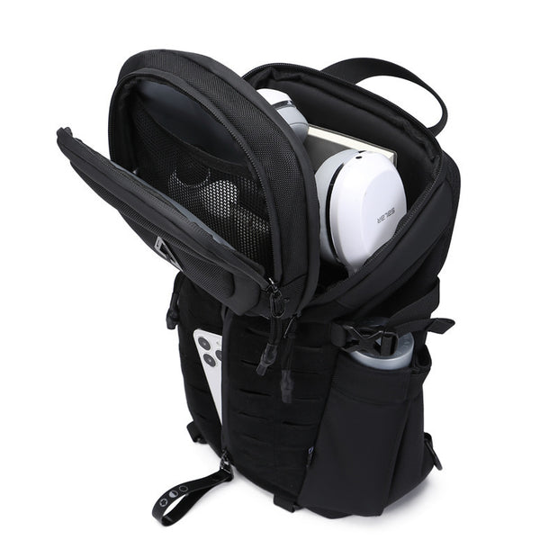 Men's sports waterproof crossbody bag in black, showcasing storage for headphones and water bottle.