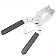 Piston ring compressor tool for engine assembly with adjustable clamp for various piston sizes.