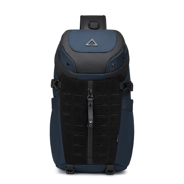 Men's sports waterproof crossbody bag in solid sapphire blue, perfect for leisure travel and showcasing street trend style.