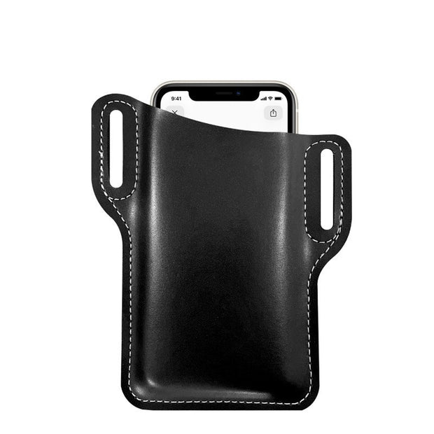 Black PU waist bag designed for oversized mobile phones, featuring a sleek and functional design.