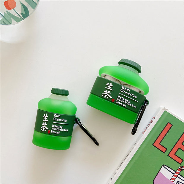 Set of creative soft plastic tea drink bottles in green, labeled Rich Green Tea and Relaxing White Green Tea.