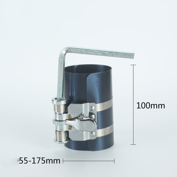 Piston ring compressor tool with adjustable clamp for engine assembly, fits piston sizes 55-175mm.