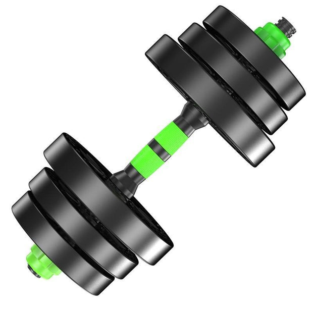 Detachable green and black metal dumbbell fitness equipment for home workouts, available in multiple weights.