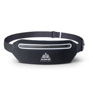 Multifunctional black running waist bag made from Lycra material, featuring a secure zipper pocket.