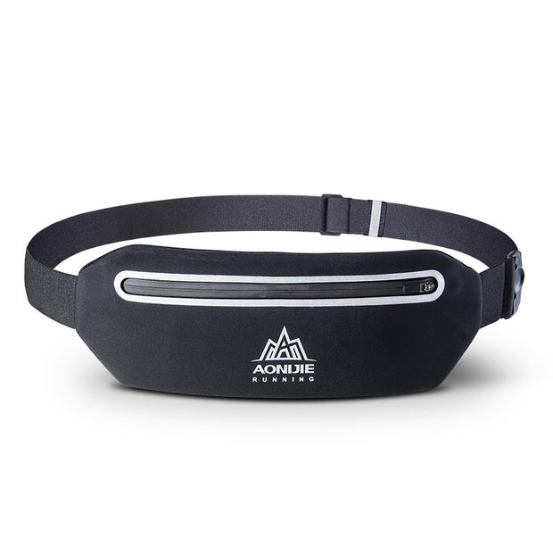 Multifunctional black running waist bag made from Lycra material, featuring a secure zipper pocket.