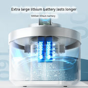 Gray cat water fountain with dual 2500mAh and 5000mAh lithium batteries for long-lasting use.