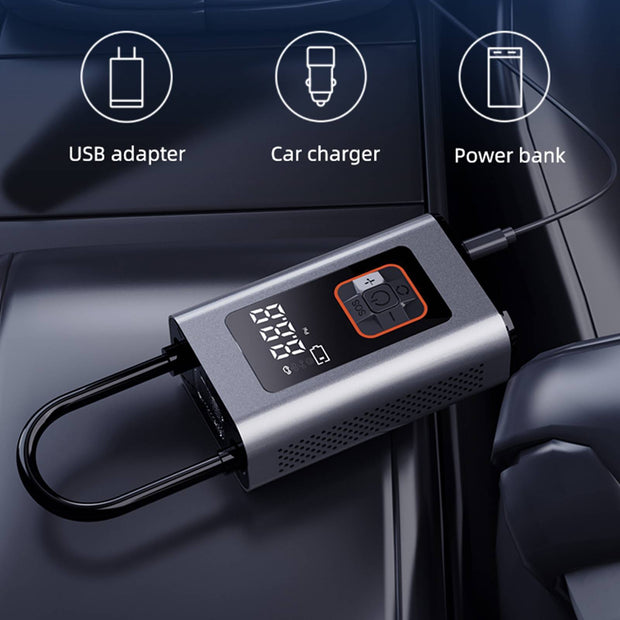 Portable tire inflator with USB adapter, car charger, and power bank functionality on a car dashboard.