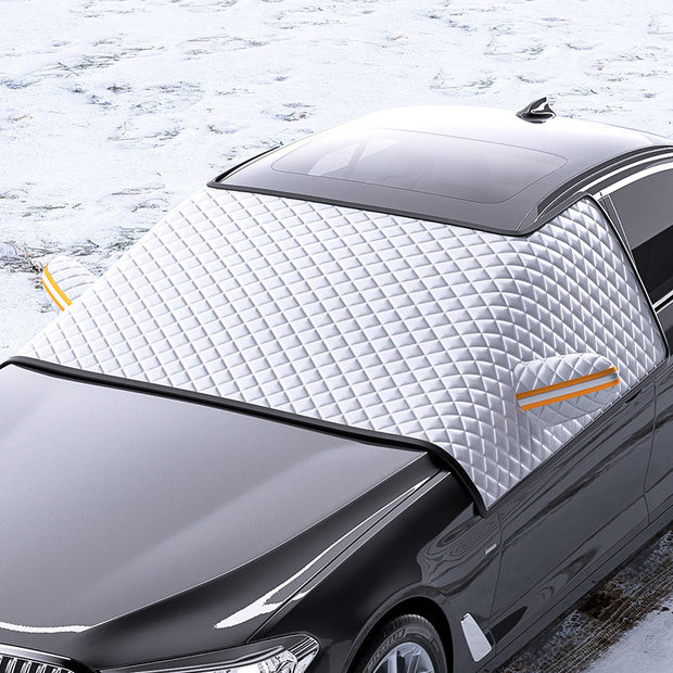 Car dustproof sunshade cover on a vehicle, designed for protection against dust and UV rays.