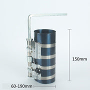 Piston ring compressor tool with adjustable clamp for smooth engine assembly, fitting various piston sizes.
