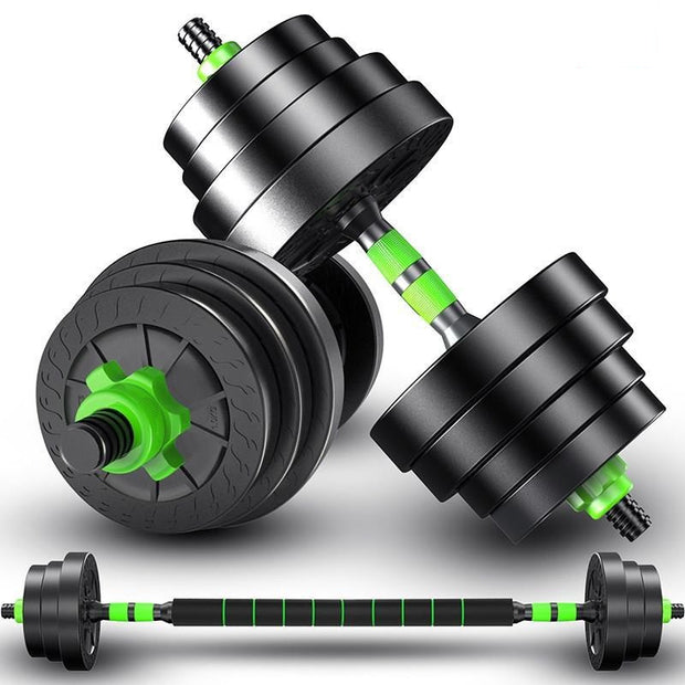 Detachable black and green dumbbells with a connecting bar for home fitness equipment.