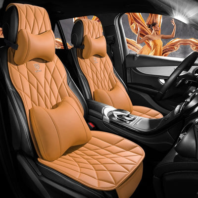 High-end amber yellow leather semi-surrounded car seat cover designed for comfort and style in five-seat vehicles.