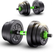 Detachable black and green metal dumbbell designed for home fitness, available in multiple weights.