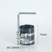 Piston ring compressor tool with adjustable clamp for piston sizes 60-130mm, designed for smooth engine assembly.