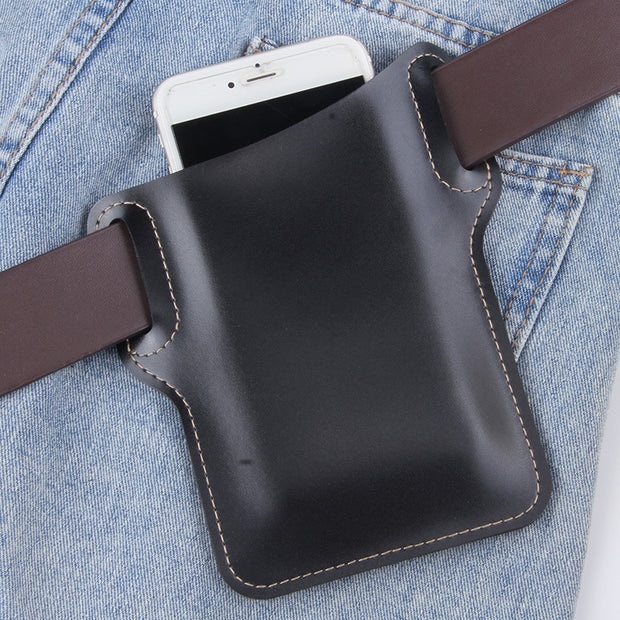Black PU waist bag designed to hold a mobile phone, attached to denim shorts for outdoor use.