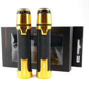 Set of two gold and black motorcycle silicone handle covers in packaging for grip enhancement.