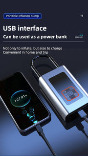 Portable tire inflator with USB interface, doubles as power bank, ideal for home and travel use.