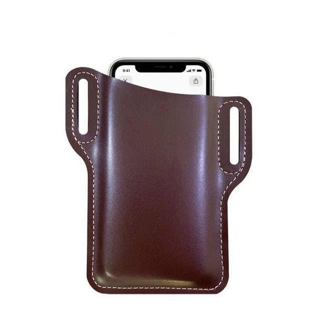 Brown PU leather waist bag designed to hold smartphones securely, featuring a simple and stylish square shape.