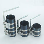 Piston ring compressor tool set with adjustable clamps for various piston sizes, ideal for engine assembly.