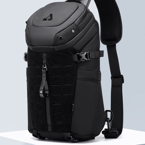 Men's sports waterproof crossbody bag in solid black, designed for leisure travel and street style.