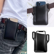 Men's black PU waist bag designed to hold a mobile phone, displayed from multiple angles, stylish and practical for outdoor use.