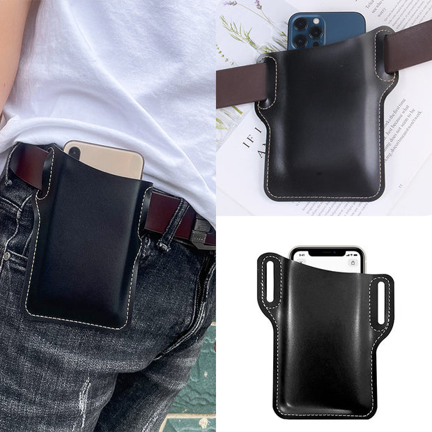 Men's black PU waist bag designed to hold a mobile phone, displayed from multiple angles, stylish and practical for outdoor use.